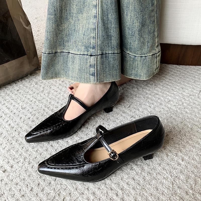 Elegant Pointed Toe Mary Jane Shoes Women's Spring Autumn New Style Thin Medium Heel Leatherette Single Shoes Buckle Strap