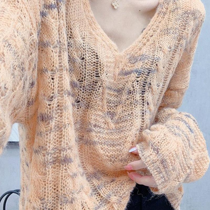 Autumn Winter V-neck Knit Base Layer European Style Thin Loose Long Sleeve Mohair Sweater for Women