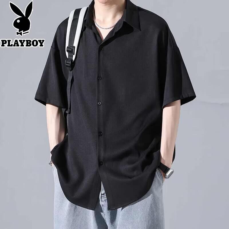 PLAYBOY Men s Ice Silk Short Sleeve Wrinkle-Free Casual Shirt XL