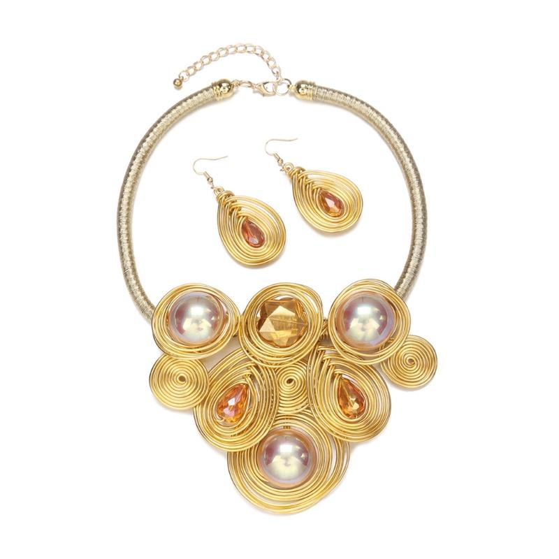 Statement Jewelry Set with Flower Cluster Design, Faux Bead Look Necklace and Matching Earrings for Outfit Styling