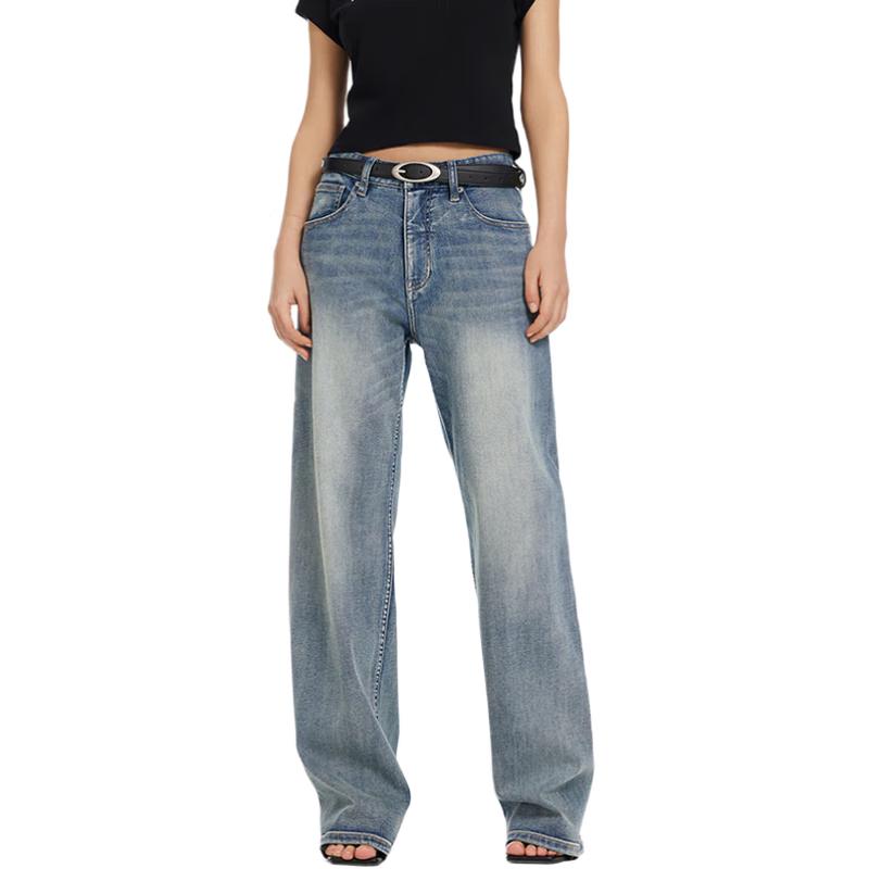 

Jinyujie Women s Retro High-Waist Loose Straight-Leg Puddle Jeans 27