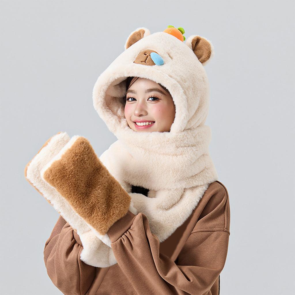 Furry Cartoon Head Cover with Scarf Gloves Set Thicken Furry Hat Oversized Headgear Hat for Winter Commute