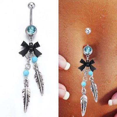 Mode Fliege Blau Perlen Strass Feder Nabel Bauchnabelpiercing Knopf Ring