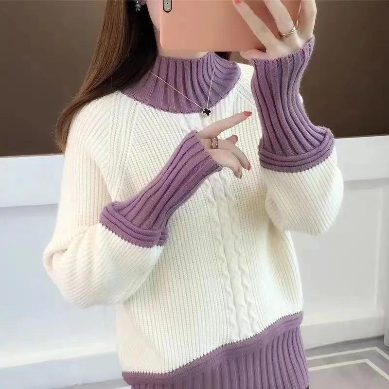 Autumn Winter Women Half High Collar Splicing Warm Pullover Casual Loose Knitted Sweater Sweaters Thick Top