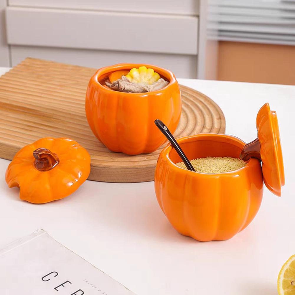 400mI Ceramic Soup Bowl with Lid Creative Pumpkin Shape Soup Bowl Household Large Soup Noodle Bowl Halloween Decoration