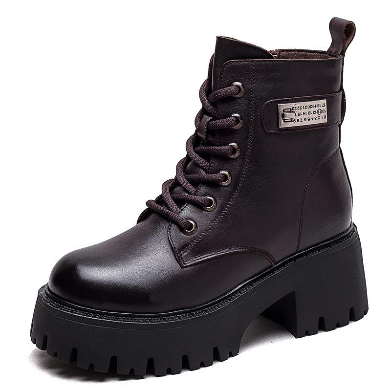 Fashion GKTINOO Natural Cow Leather Women Shoes Plush Warm Winter Square Med Heel Ankle Boots Lace Up Zipper Ladies Pumps Size 35-40