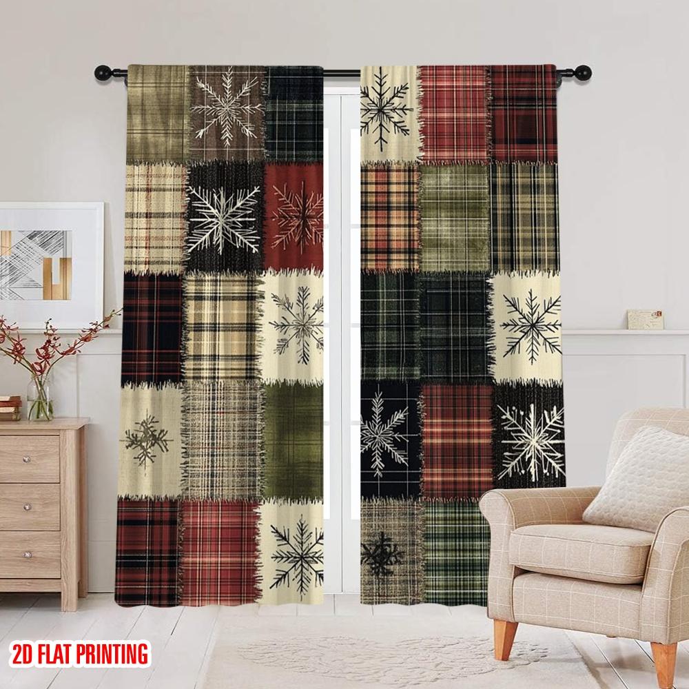 Set Of 2 Flat Printing Curtain Snowflake Plaid Durable Polyester Fabric Without Electricity Festive Backdrops Holiday