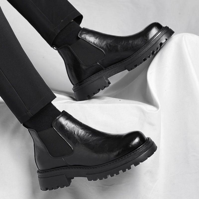 2025 Men's British Style Black Low-Top Chelsea Boots: Fleece-Lined, Hand-Grained, Mid-Calf Thickness
