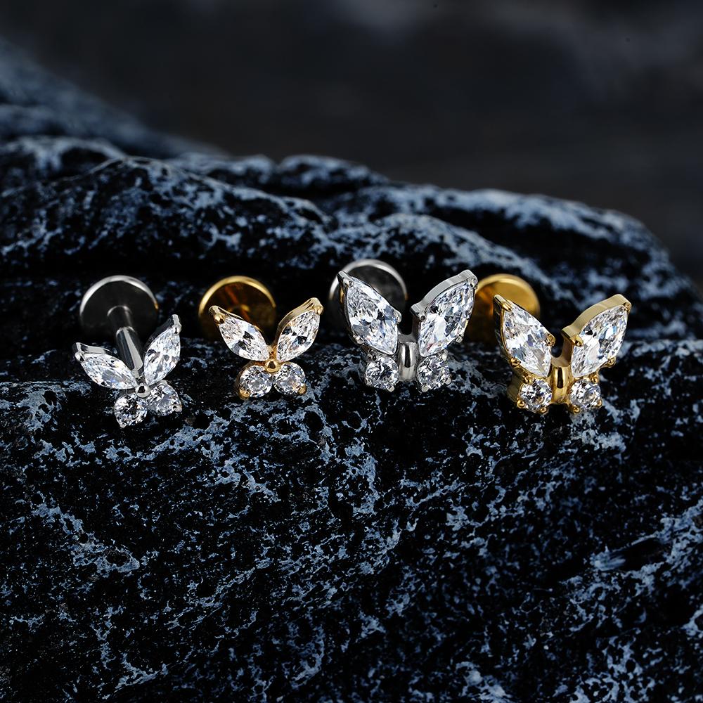 Right Grand ASTM F136 Titanium 16G Mini Butterfly CZ Labret Tragus Cartilage Conch Forward Helix Stud Nose Piercing Body Jewelry