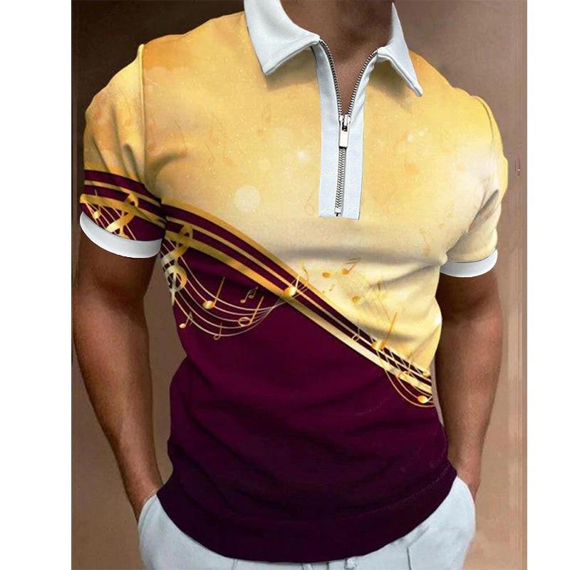 Trendy Short Sleeve Polo, Zipper, Geometric Print for Casual