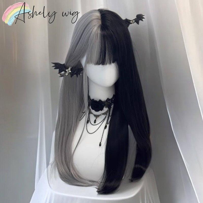 Ashely Half Black Gray Wig with Bangs 26inch Long Straight Wigs Lolita High Temperature Fibers Synthetic Wigs forAll Saints' Day