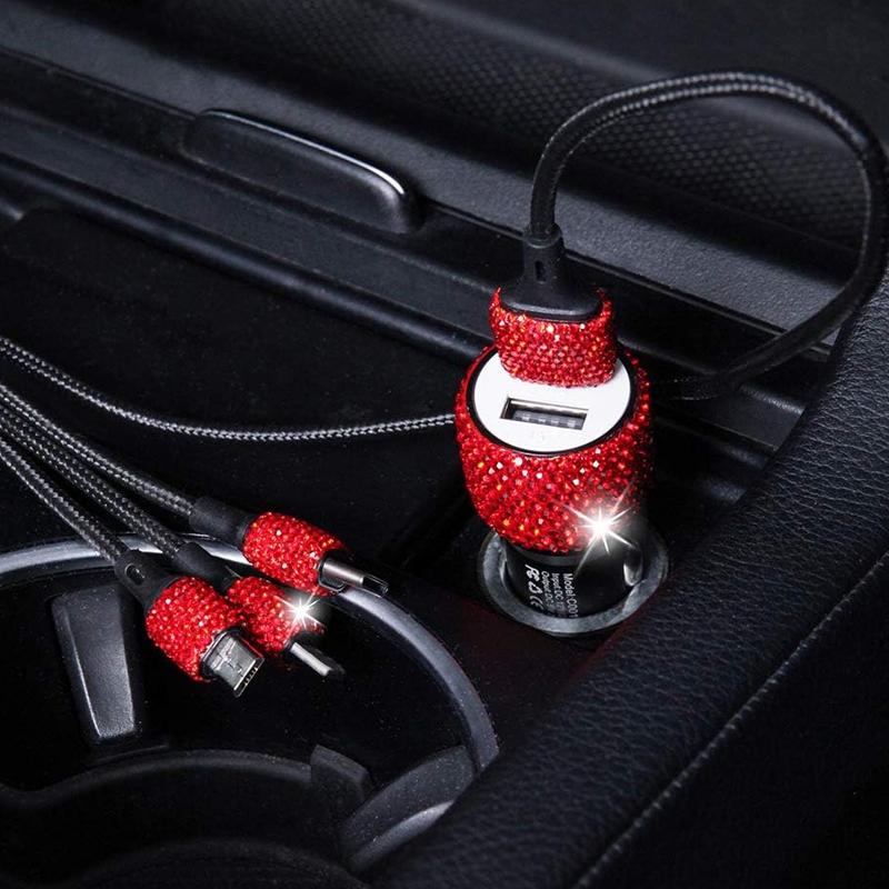 Car Charger Dual USB Diamond Inlaid Phone Safety Hammer Charger Fast Charging Car Phone Charger Car Decorations