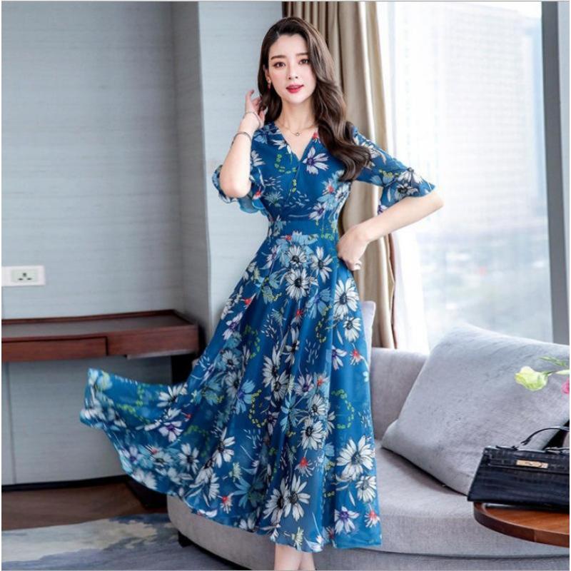 Women's Summer New Chiffon Floral Printed Dress V-Neck Five-Point Flared Sleeve Over The Knee Elegant Casual Mid-Length Swing Dress for Ladies