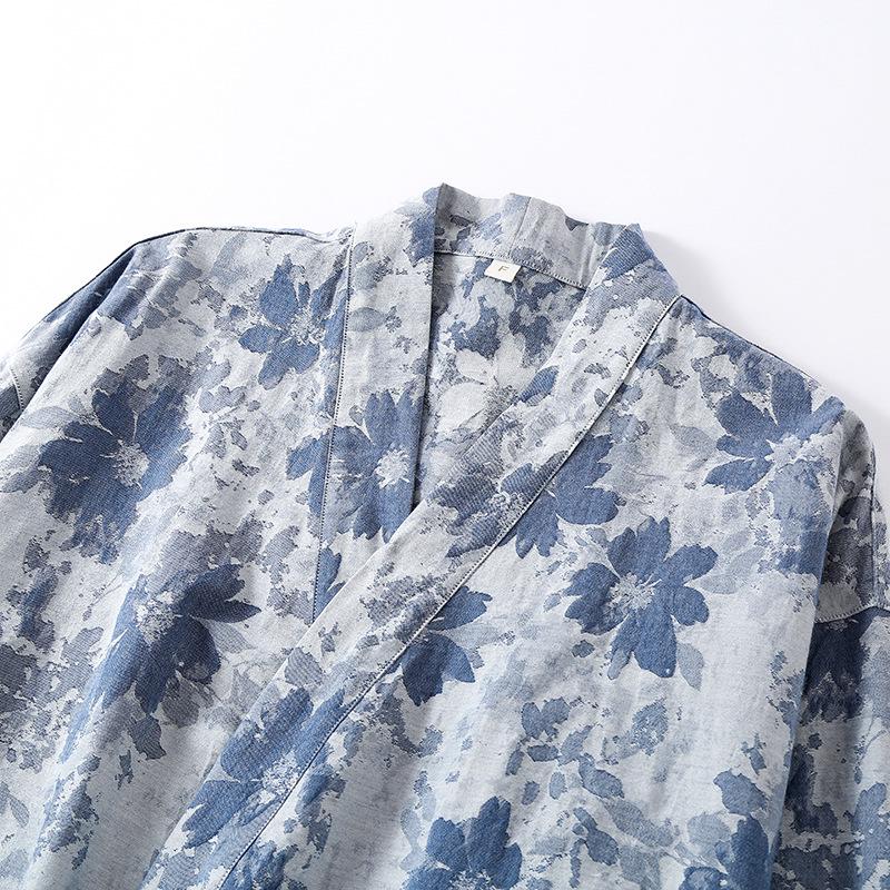 Men's Yarn-Dyed Pure Cotton Gauze Mid-Length Tie-Up Robe with Three-Quarter Sleeves – Spring to Autumn Wear