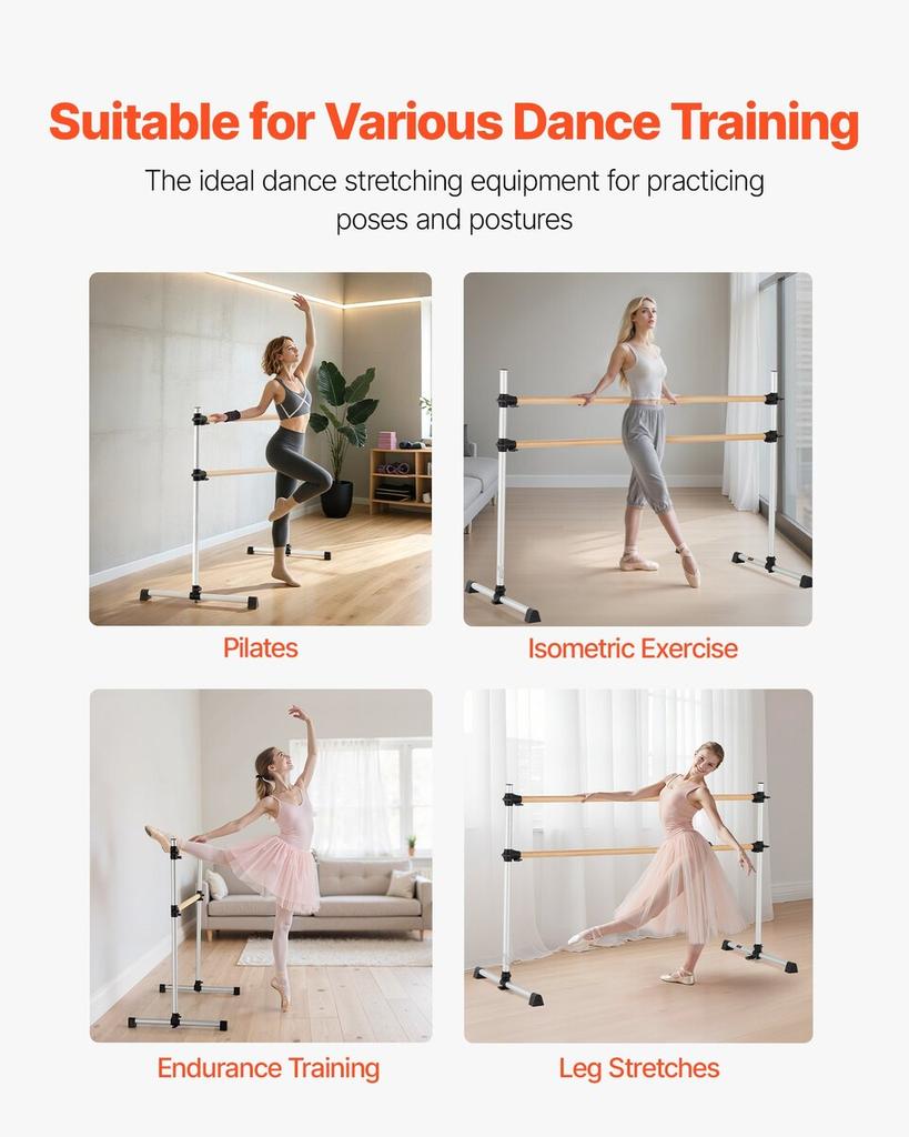Ballet Barre, Double Beechwood Barre Bar for Home, Freestanding Portable Ballet Stretching Dance Bars, Height Adjustable Anti-Wobble Fitness Gym