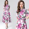 Casual Shirt Dress Women's Lapel Rose Printed Single Breasted Lace Up Belt Short Sleeve Midi Long Summer Dress