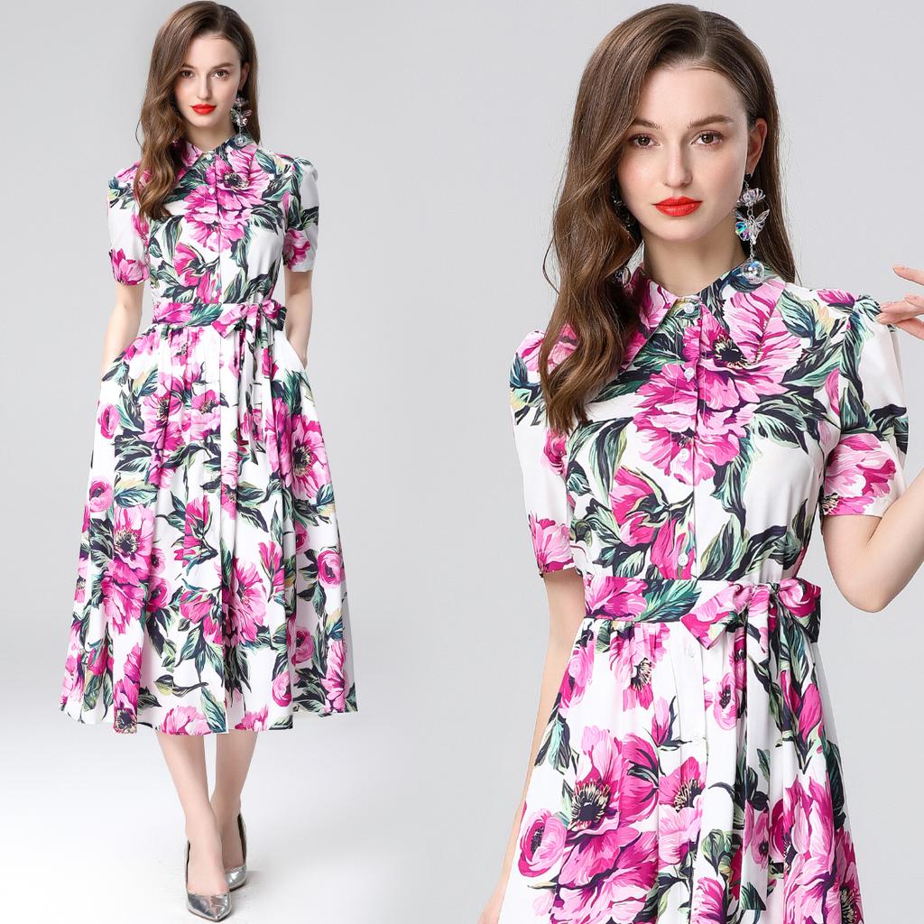 Casual Shirt Dress Women's Lapel Rose Printed Single Breasted Lace Up Belt Short Sleeve Midi Long Summer Dress