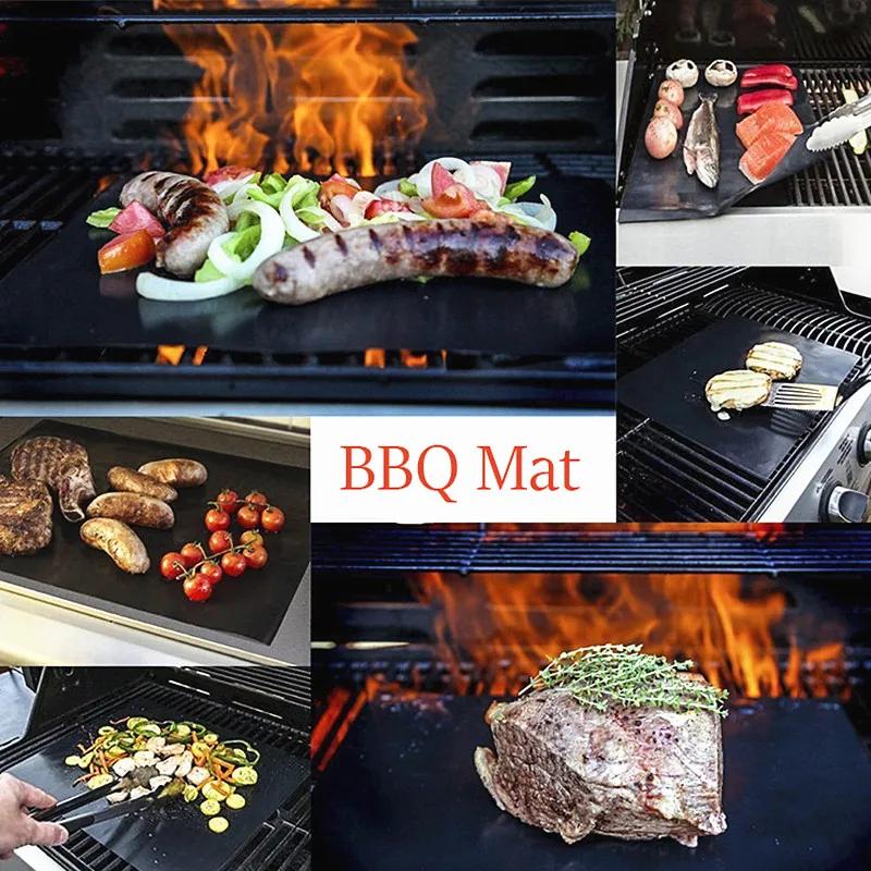1PC Non-stick Barbecue Mat Reusable Heat-Resistant BBQ Baking Pad Covers Foil Oilpaper with Food Clip Oil Brush BBQ Liner Tools