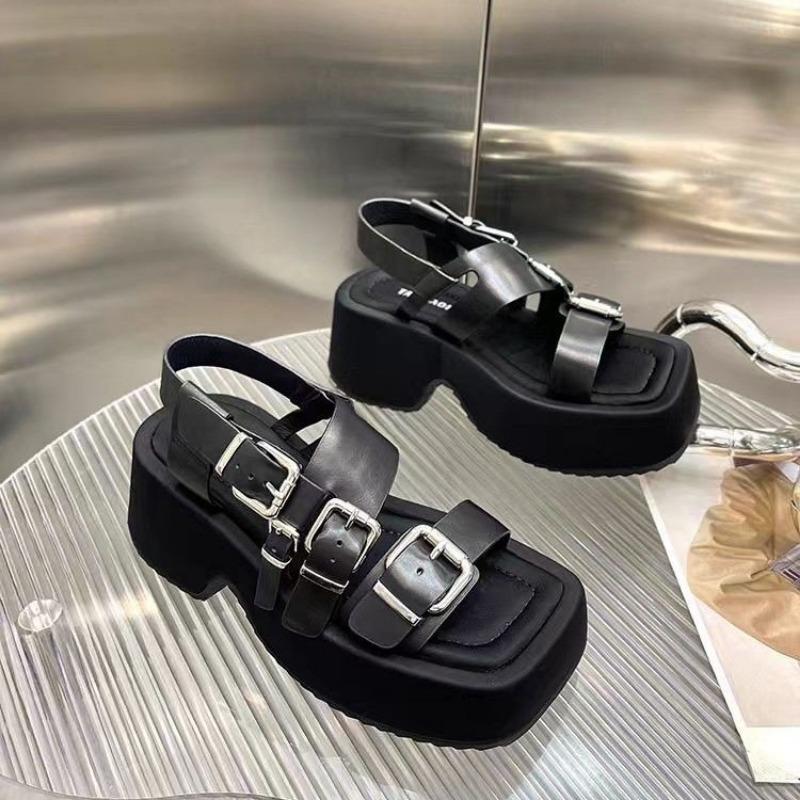 Women's Fashion Chunky Sandals Summer New Square Head Open Toe Metal Buckle Waterproof Platform Non-slip High Heels