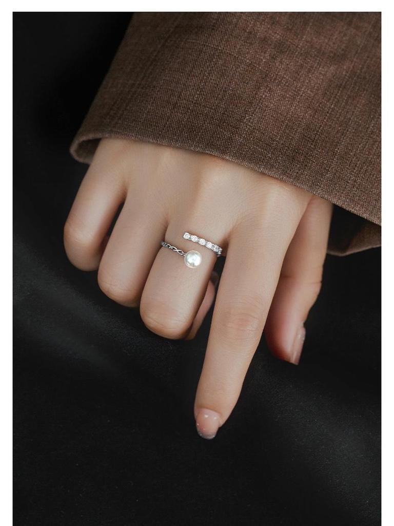 Banyan Tree S925 Silver Zircon Pearl Adjustable Ring – Women’s Luxury Korean & Japanese Style Celebrity Fashion.