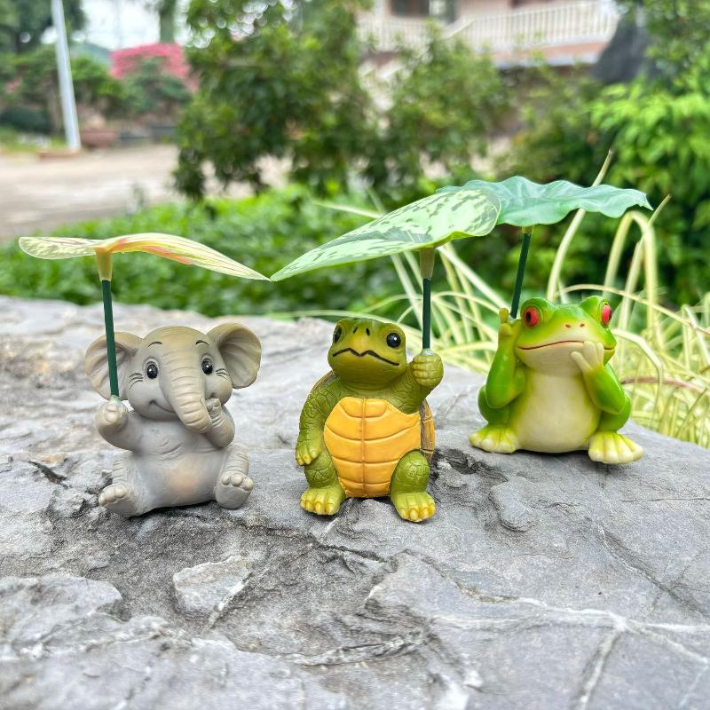 Cute Animal Figurines Set With Umbrella-Elephant,Turtle,Frog Garden Ornaments, Whimsical Desk Decor For Aquarium&Home Decor Gift