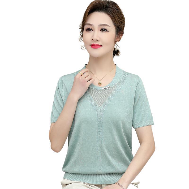 Stylish Ice Silk Knit Half-Sleeve T-shirt for Middle-Aged and Elderly Women