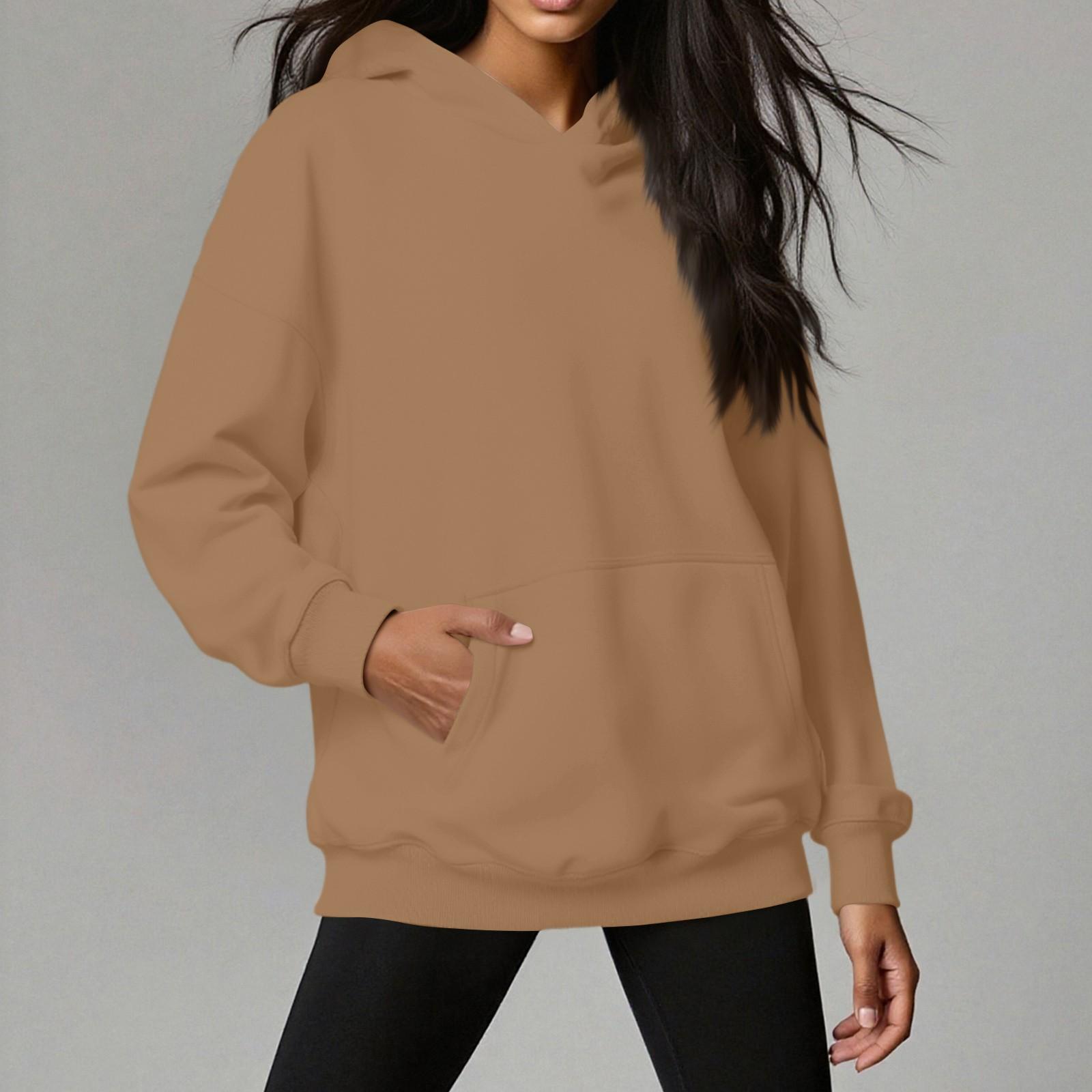 

Женское худи однотонное с длинным рукавом, накладным карманом, свободный пуловер, толстовка XL верблюд