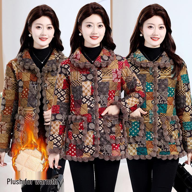 Chic Plus Size Winter Coat for Middle-Aged and Elderly Women – Warm Cotton Jacket with Velvet Lining