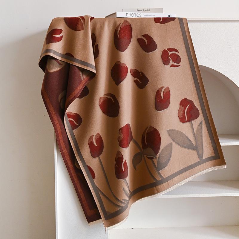 Tulip Printing Double-Sided Two-Color Women'S Imitation Cashmere Thermal Scarf Small Fragrance Air Conditioner Shawl