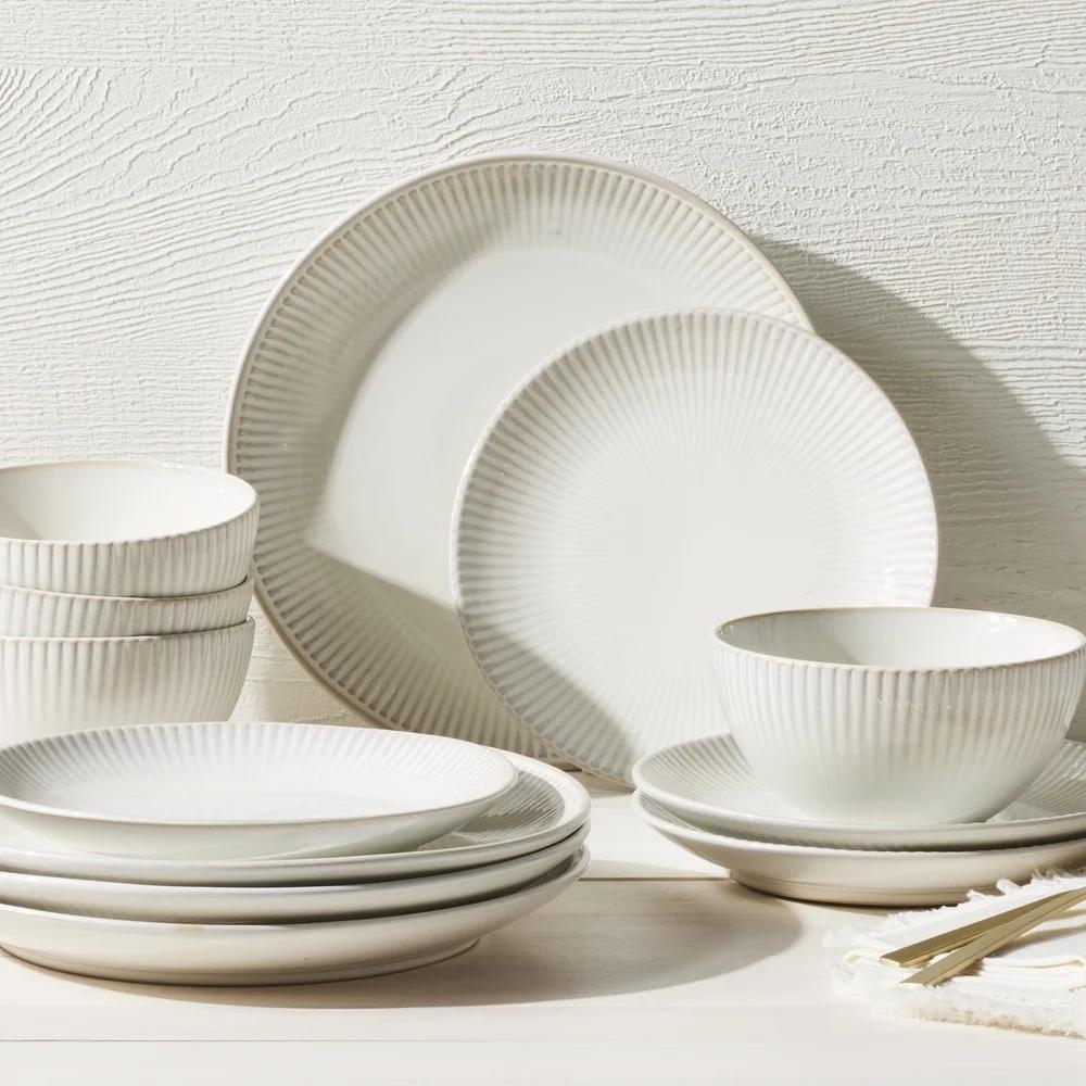 Elegant 10.5 Inch Stoneware Dinner Plate Ribbed Edge Microwave Dishwasher Safe Durable Ceramic Dish
