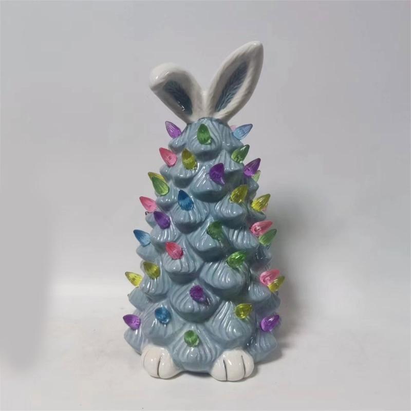Easter Decoration White Pottery Rabbit Figurines Led Glowing Animal Ornament Rabbit Tree Crafts for Easter Party Decor