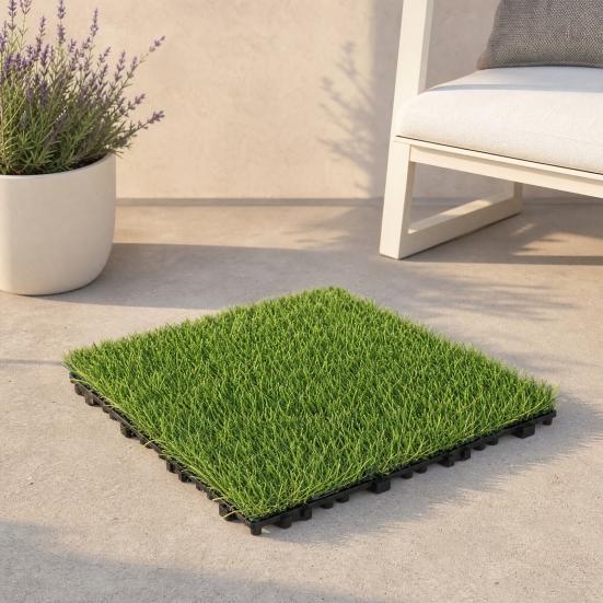 Artificial Grass Mat, 12 x 12 Inch Square Fake Grass Rug, Interlocking Faux Green Turf Patch Tiles for Balcony, Patio, Deck,