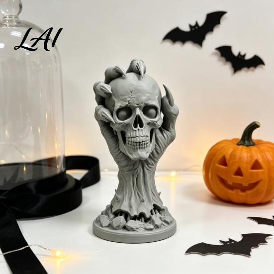 Artistic Desk Ornaments 3D Printed Skull & Devil Hand Figurine Realistic Holding Collectibles for Gothic Lovers Statue Desktop Ornament Halloween