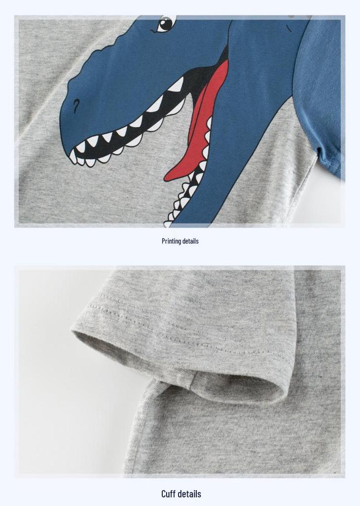 27kids 2024 Korean Style Dinosaur T-shirt for Boys - Summer Short Sleeve