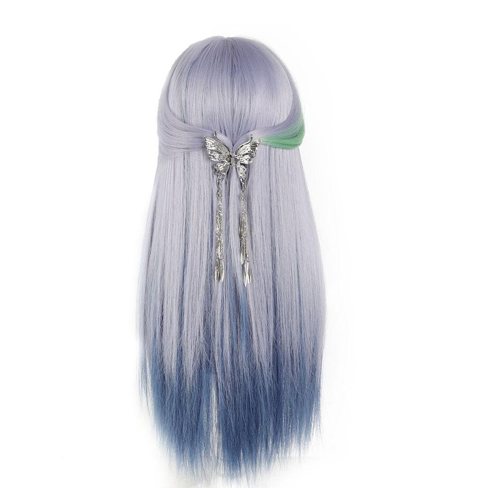 Y2K Synthetic Lolita Cosplay Wig Green Blue Hair for Cosplay Party Long Straight Wigs for Women Blue Green Highlight Dyed Bangs