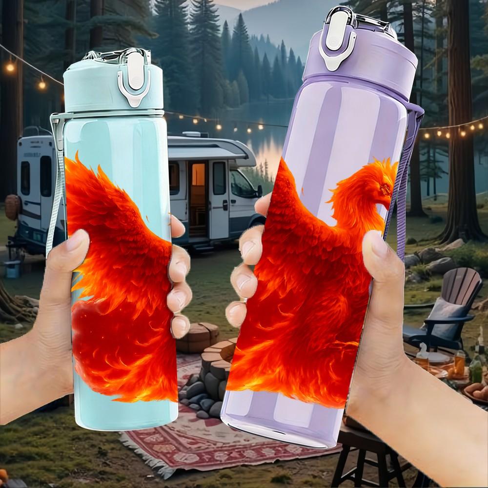 1PC Burning Red Phoenix Bird Fantasy Print 750ml Color Plastic Sports Water Bottle Leakproof Flip Straw Lid Suitable for Sports Office Home Use