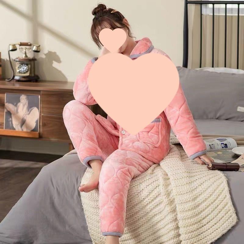 Pajamas women's winter warm winter fleece thickened coral fleece three layers of cotton autumn and winter women's loungewear
