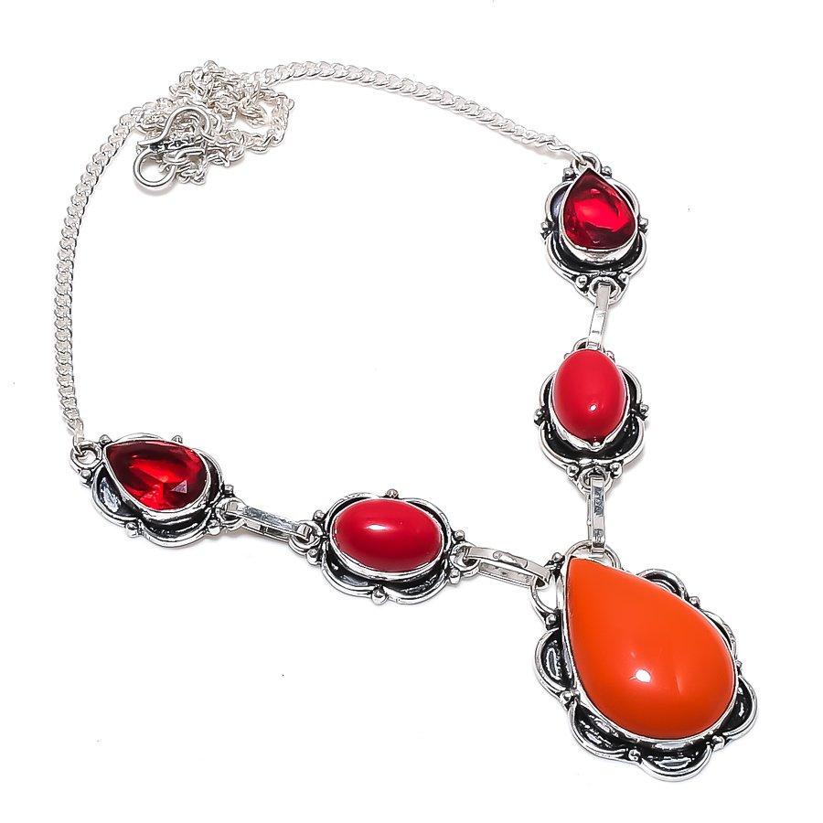 Natural Orange Aventurine, Coral 925 Sterling Silver Jewelry Necklace 18" e7v62