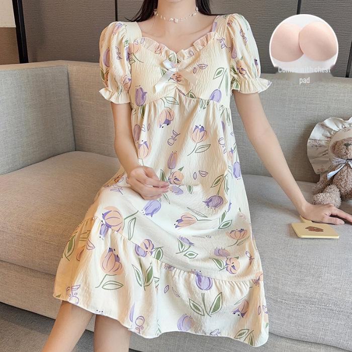 Women's Sweet Fairy Style Cloud Cotton Nightdress with Chest Pads