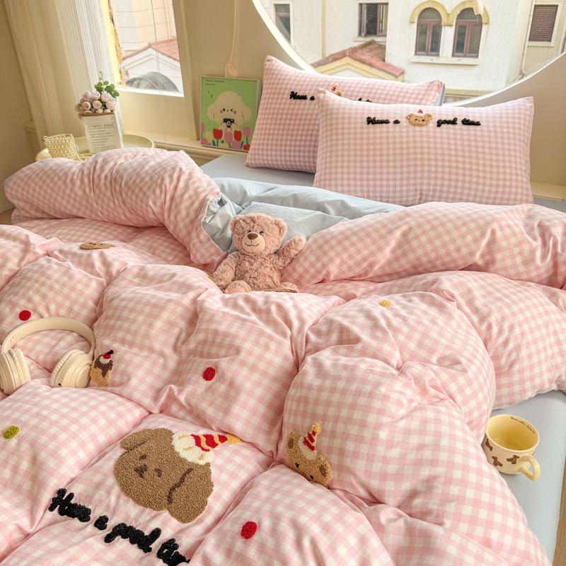 Håndkle Brodert Laken Dynetrekk Seng 4 stk Sett Vasket Bomull Student Tredelt Sett Sengetøy