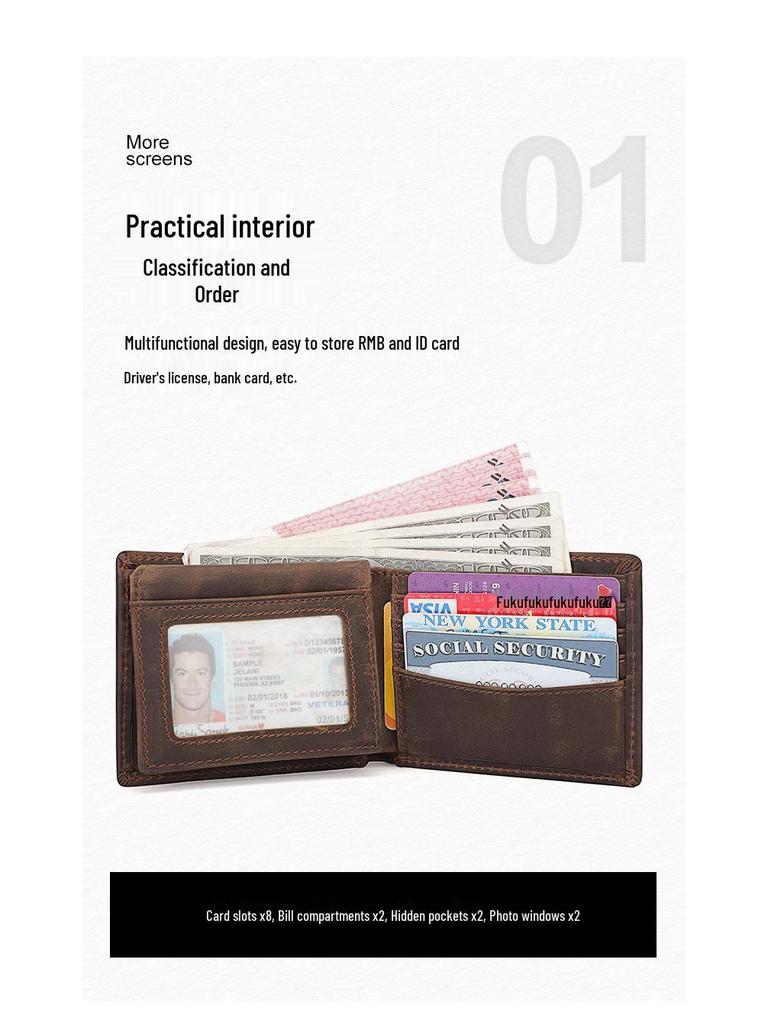 Top Grain Genuine Leather RFID Anti-Scanning Wallet with Multiple Card Slots