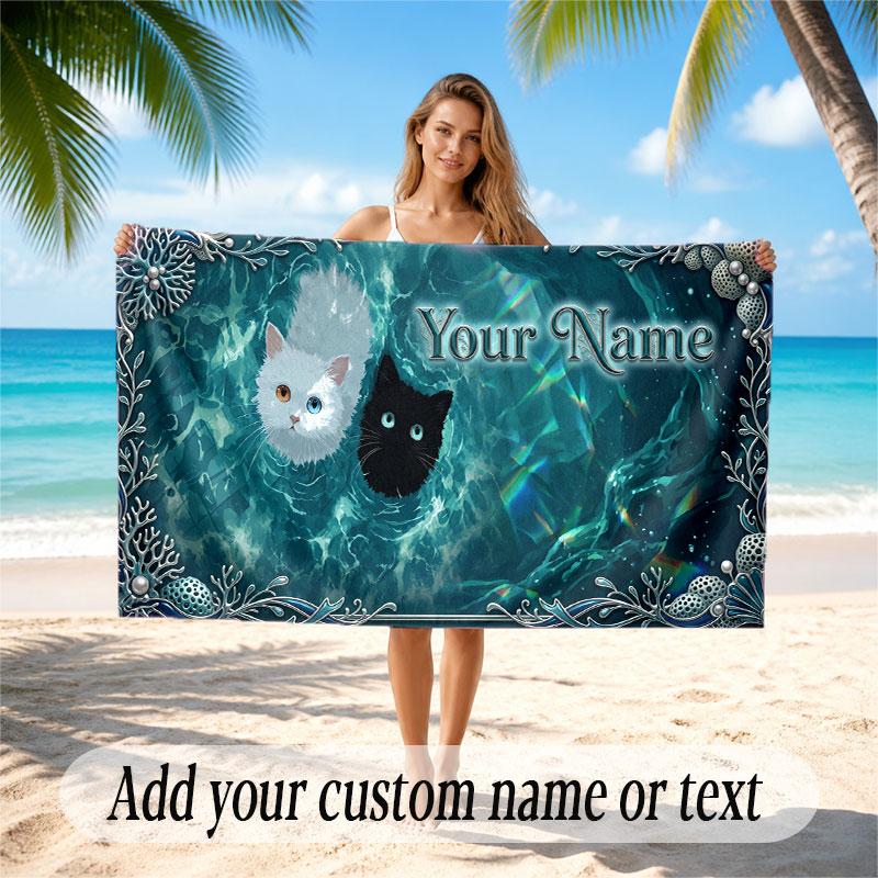 Cat Theme Soft Beach Towel Personalized Custom Name Text Towel Portable for Beach Pool Travel
