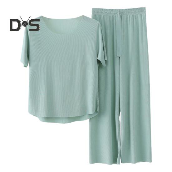 

2 шт./компл. женские пижамы бесшовные ледяной шелк с круглым вырезом и коротким рукавом сплошной цвет с эластичной резинкой на талии и широкими штанинами свободные мягкие дышащие домашние комплекты с верхом и брюками 2XL зелёный