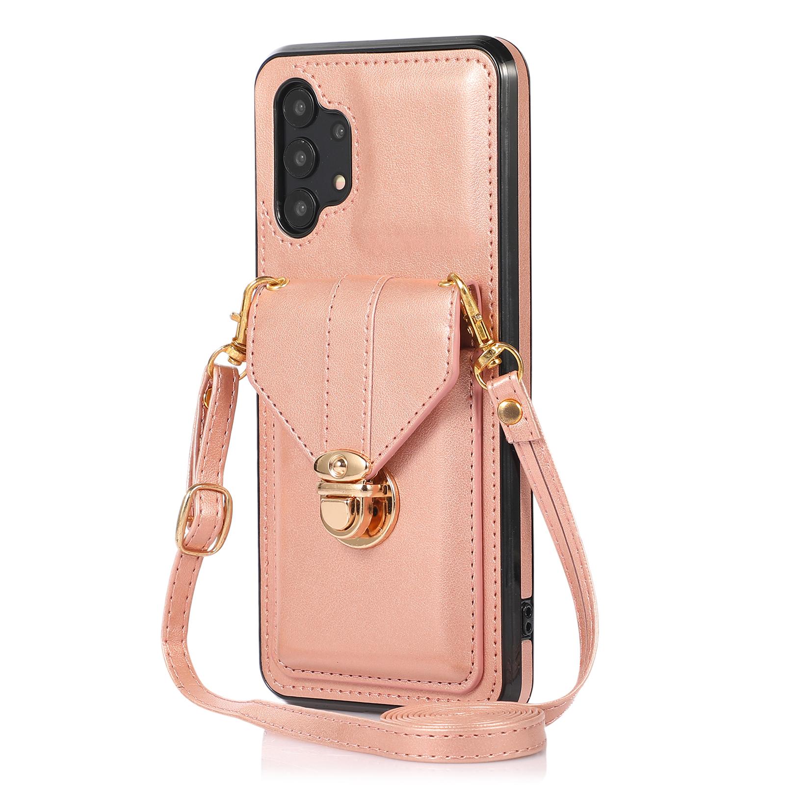 

For Samsung Galaxy A32 4G (EU Version) Card Holder Case PU Leather+TPU Phone Cover with Kickstand Rose Gold