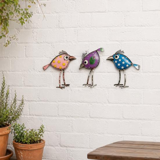 3 Pcs Colorful Wooden Bird Wall Decor Set, Cute Cartoon Bird Ornaments with Polka Dots, Weatherproof Metal Bird Signs