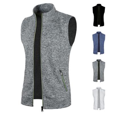 Gilet da uomo con colletto alla coreana, senza maniche, chiusura a zip, gilet con tasche, tinta unita