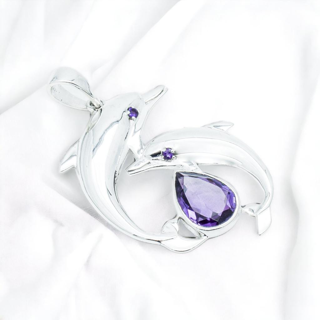 Amethyst Dolphin Pendant: Sterling Silver Necklace, Dainty Gemstone Jewelry