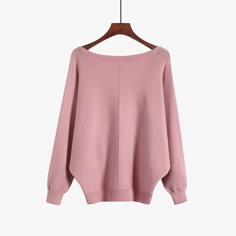 

One-Line Collar Bat-Sleeve Collar Bat Sleeve Loose Tops Pink One size