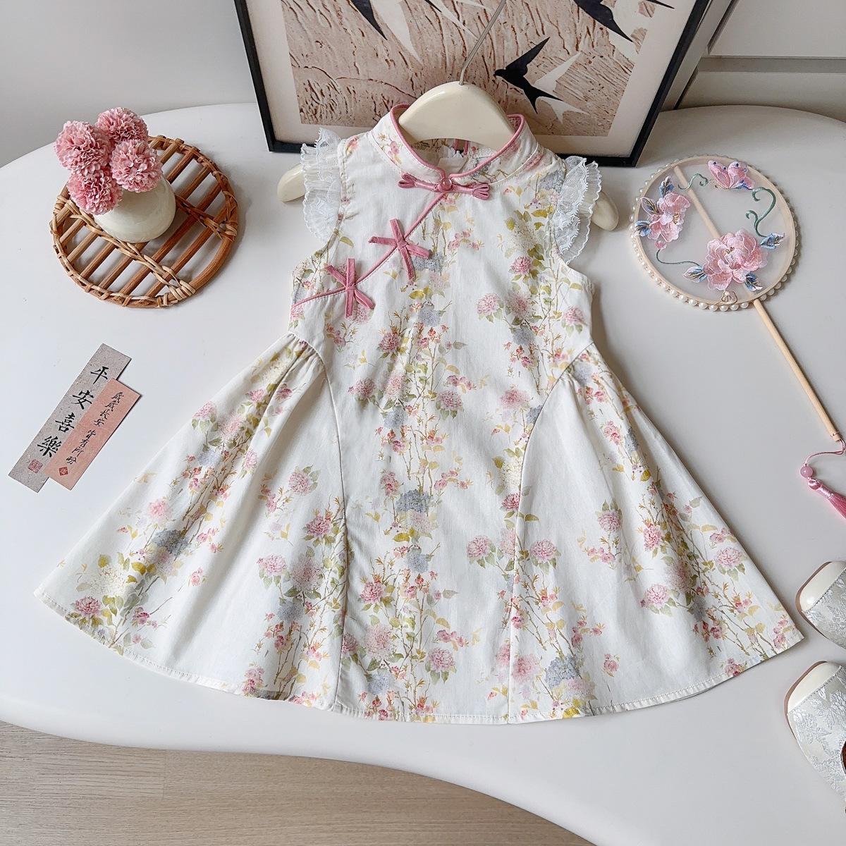 Summer Girls New Chinese Floral Sleeveless Qipao Dress Vintage Kids Party Dress 90cm