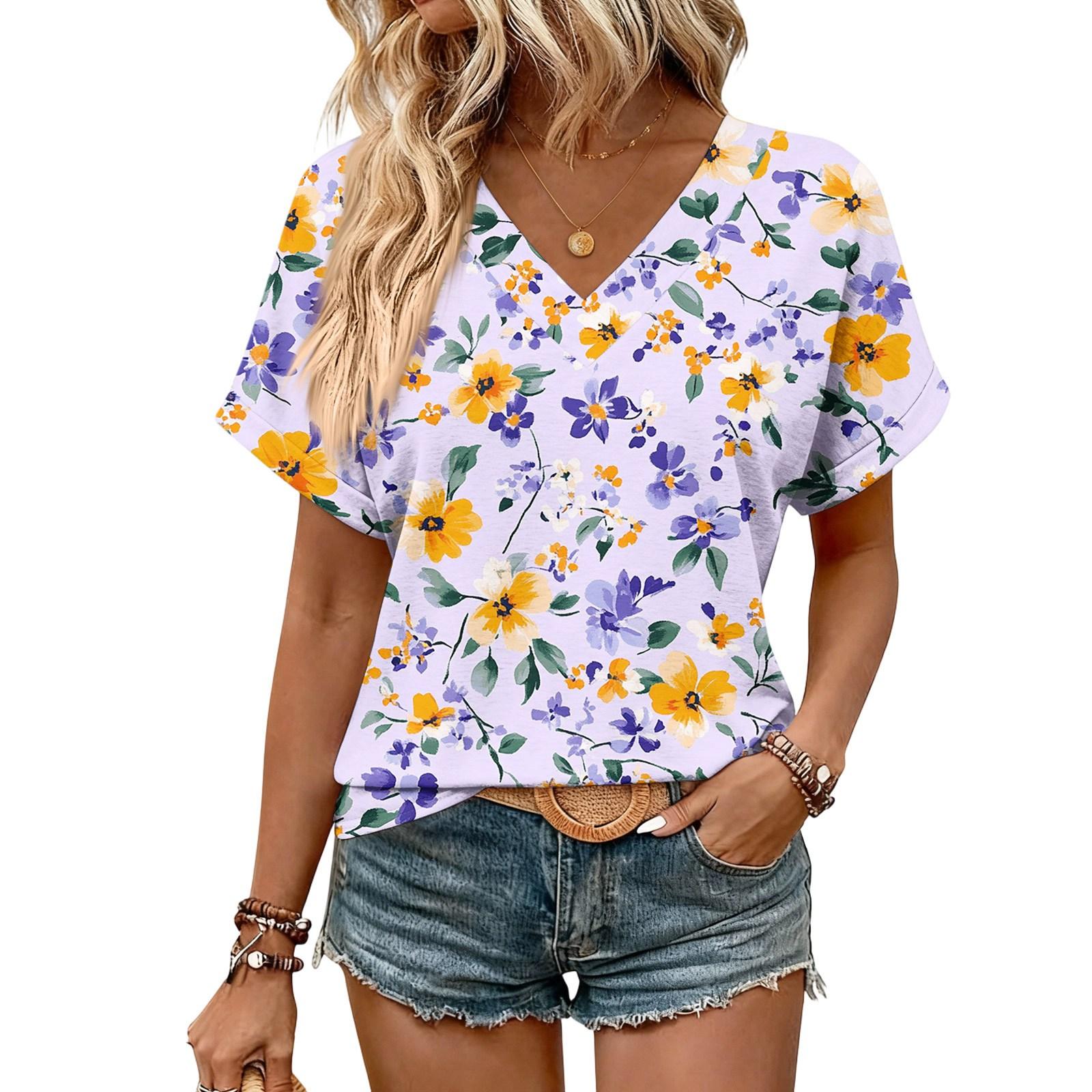 

Womens Summer Tops Short Sleeve V Neck Shirts Casual Dressy Summer Blouses Tunic Top L